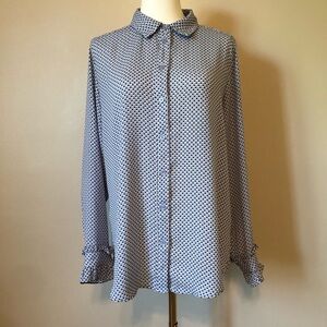 WHO What Wear Blue/Black/White Button-Up Blouse with Ruffle Sleeves Size M
